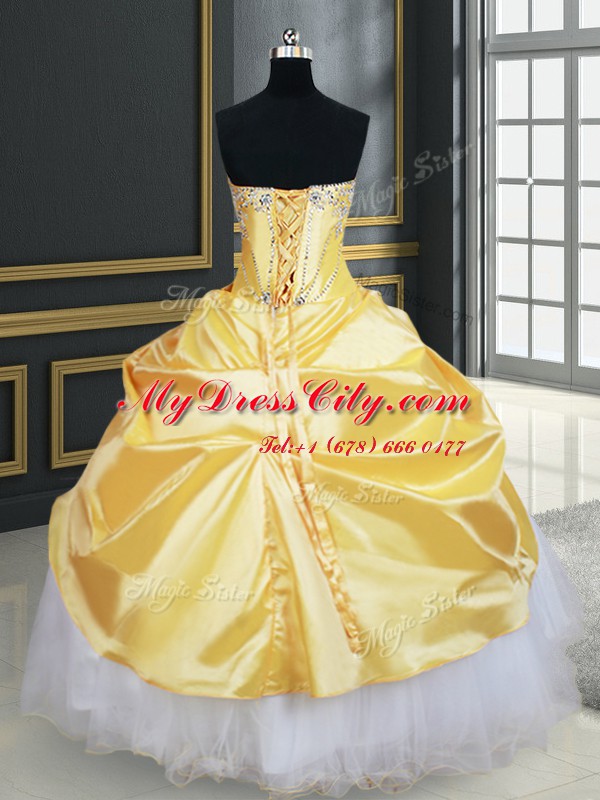 Organza and Taffeta Strapless Sleeveless Lace Up Beading and Pick Ups and Hand Made Flower Quince Ball Gowns in Yellow And White