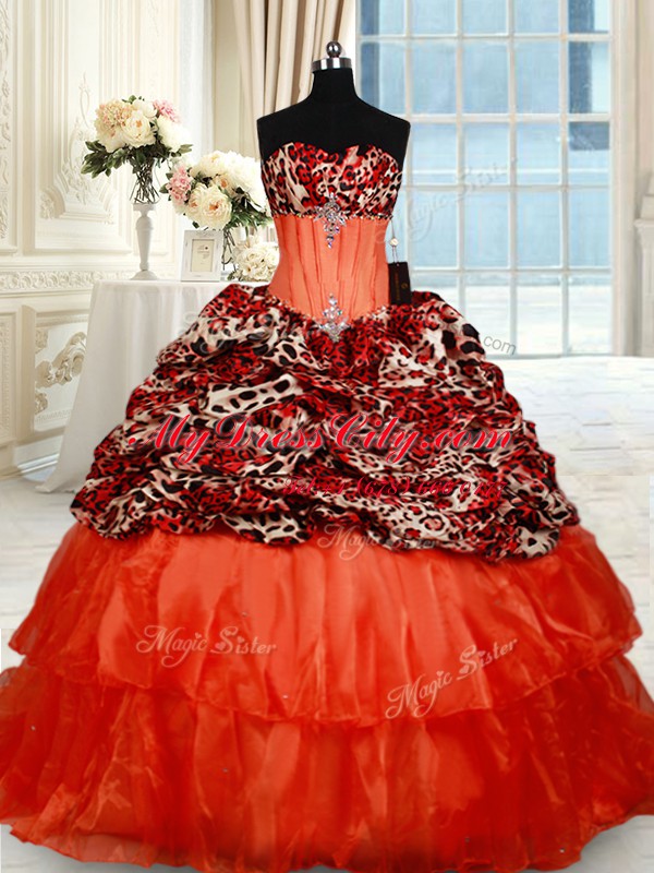 Sweet Sweetheart Sleeveless Sweet 16 Dresses Brush Train Beading Orange Red Organza