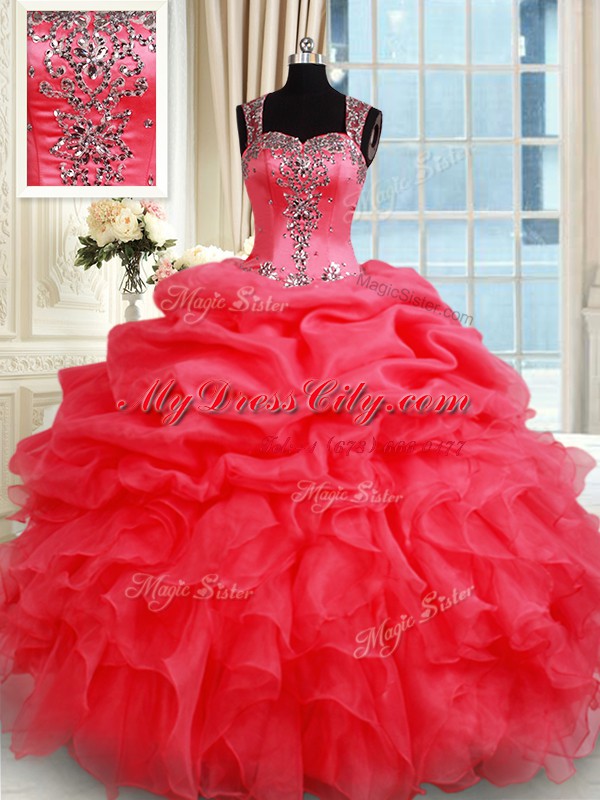 Fashionable Straps Pick Ups Floor Length Ball Gowns Sleeveless Coral Red Quinceanera Gowns Zipper