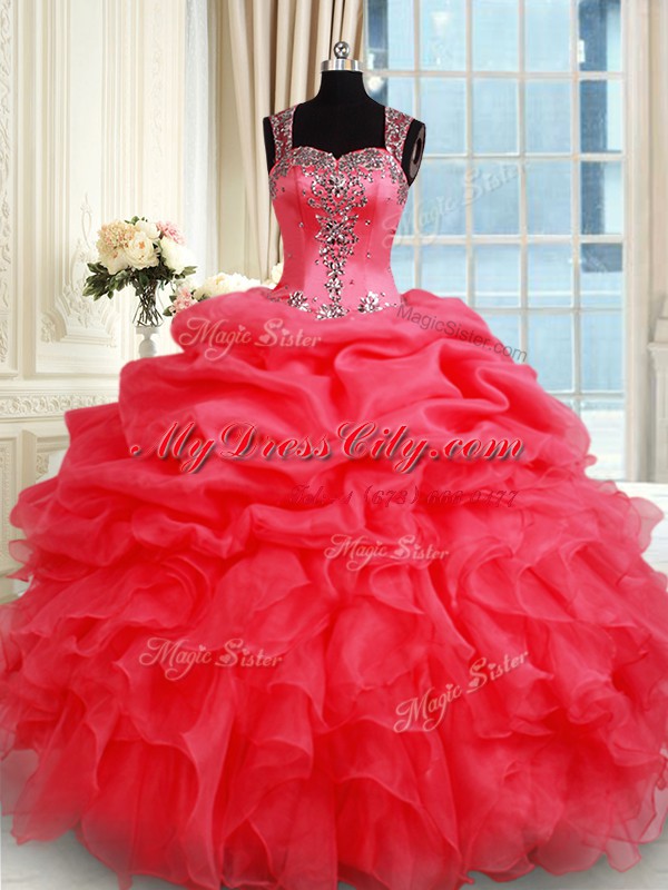 Fashionable Straps Pick Ups Floor Length Ball Gowns Sleeveless Coral Red Quinceanera Gowns Zipper