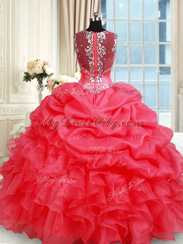 Fashionable Straps Pick Ups Floor Length Ball Gowns Sleeveless Coral Red Quinceanera Gowns Zipper