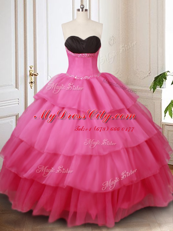 Hot Pink Lace Up Sweetheart Beading and Ruffled Layers Quinceanera Gowns Organza Sleeveless