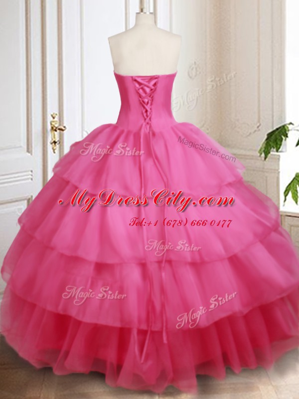 Hot Pink Lace Up Sweetheart Beading and Ruffled Layers Quinceanera Gowns Organza Sleeveless