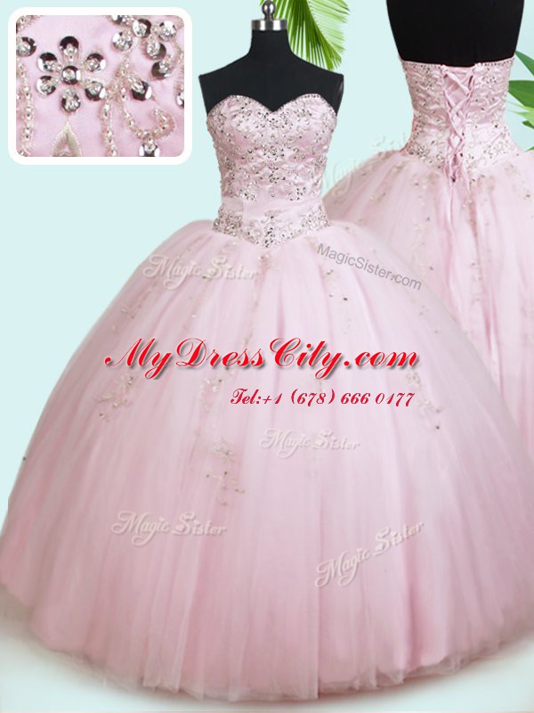 On Sale Baby Pink Tulle Lace Up Sweetheart Sleeveless Floor Length Quinceanera Gowns Beading