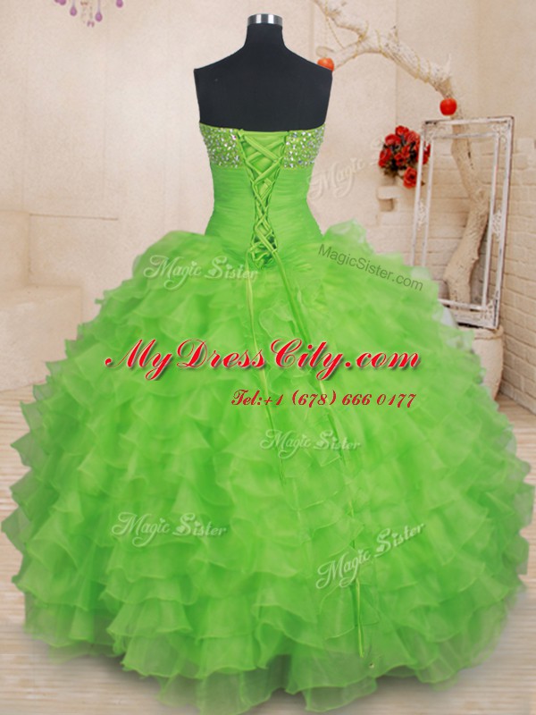 Trendy Strapless Lace Up Beading and Ruffled Layers Quinceanera Gown Sleeveless