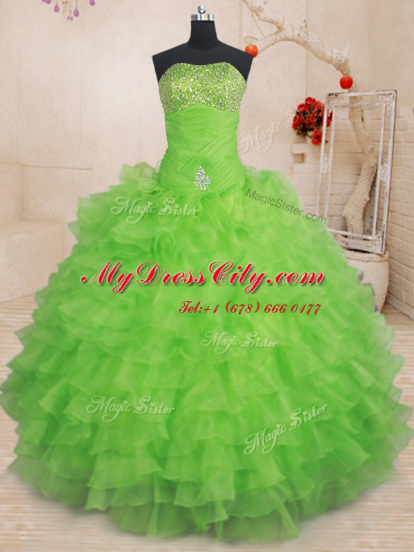 Trendy Strapless Lace Up Beading and Ruffled Layers Quinceanera Gown Sleeveless