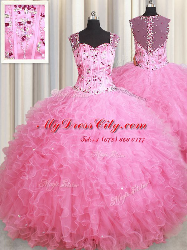 Straps Sleeveless Zipper Floor Length Beading and Ruffles Ball Gown Prom Dress