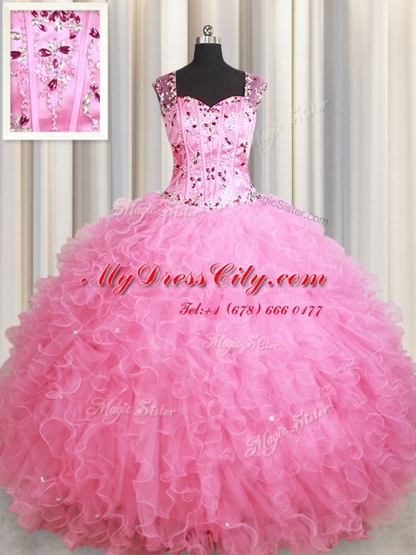 Straps Sleeveless Zipper Floor Length Beading and Ruffles Ball Gown Prom Dress