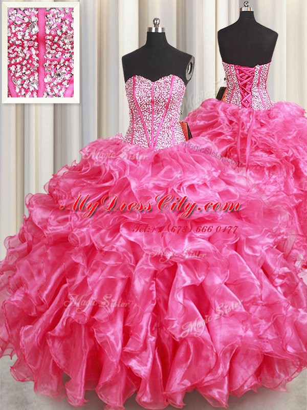 Hot Pink Sweetheart Lace Up Beading and Ruffles Quinceanera Dress Sleeveless