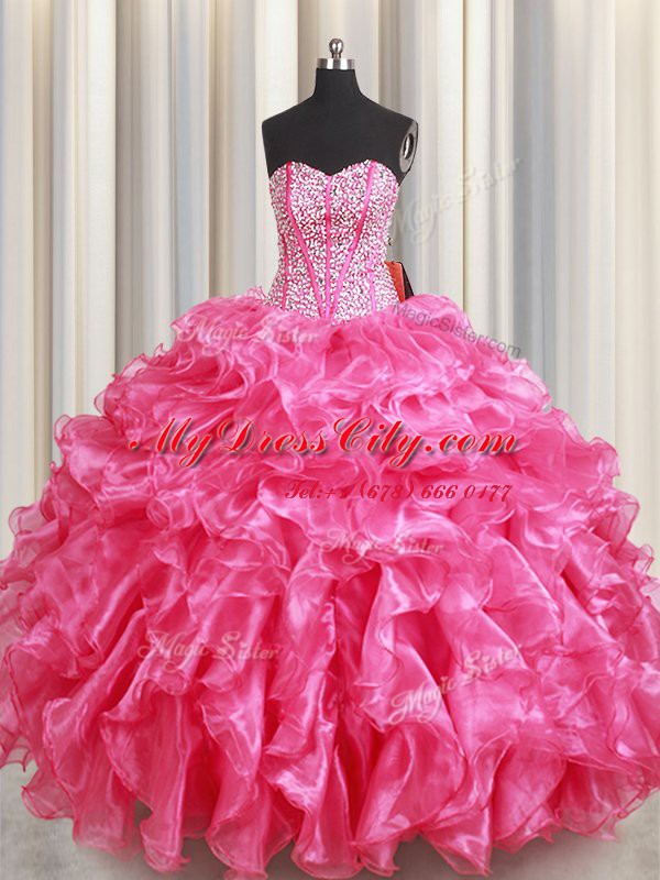 Hot Pink Sweetheart Lace Up Beading and Ruffles Quinceanera Dress Sleeveless