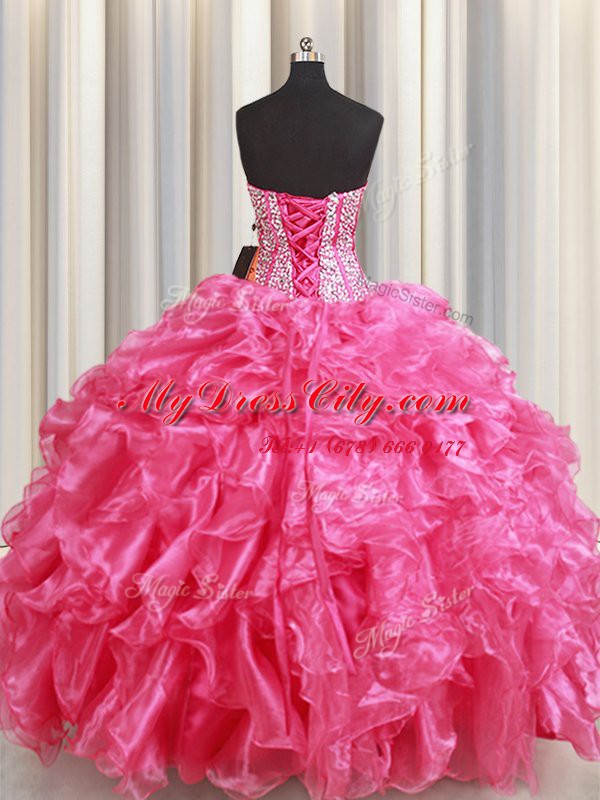 Hot Pink Sweetheart Lace Up Beading and Ruffles Quinceanera Dress Sleeveless