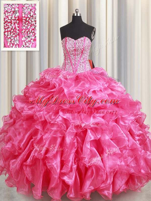 Hot Pink Sweetheart Lace Up Beading and Ruffles Quinceanera Dress Sleeveless