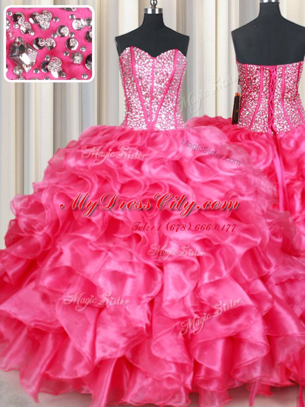 Suitable Hot Pink Sleeveless Floor Length Beading and Ruffles Lace Up Quinceanera Gowns