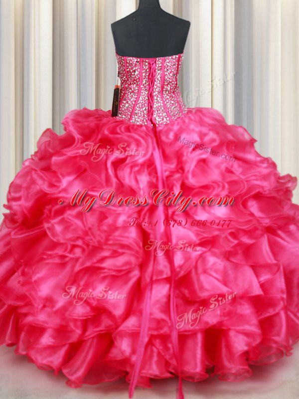 Suitable Hot Pink Sleeveless Floor Length Beading and Ruffles Lace Up Quinceanera Gowns