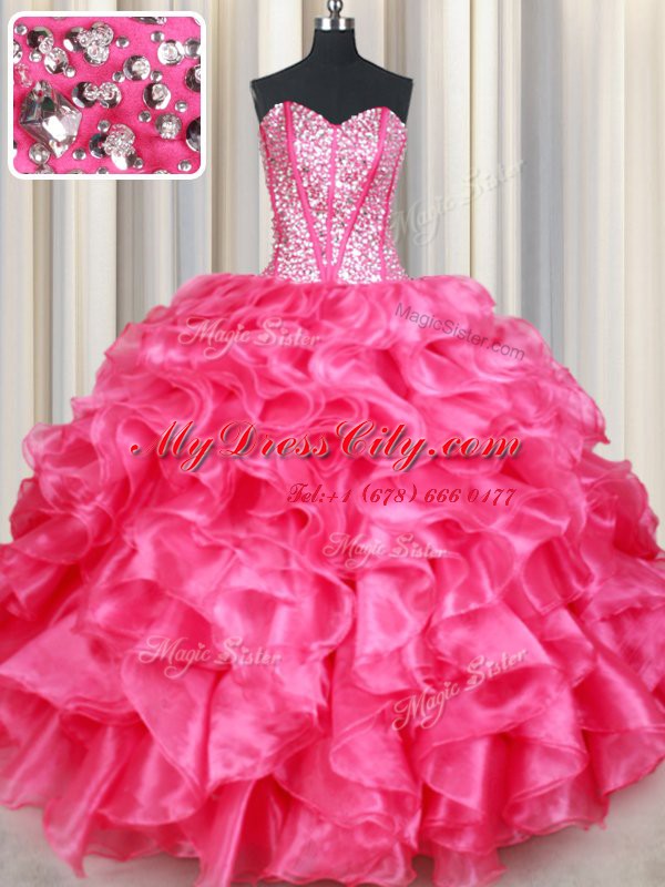 Suitable Hot Pink Sleeveless Floor Length Beading and Ruffles Lace Up Quinceanera Gowns