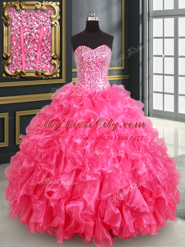 Cute Organza Sleeveless Floor Length Quinceanera Gown and Beading and Ruffles and Sequins