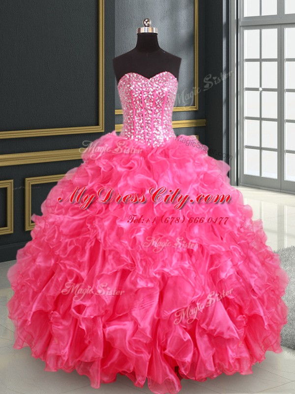 Cute Organza Sleeveless Floor Length Quinceanera Gown and Beading and Ruffles and Sequins