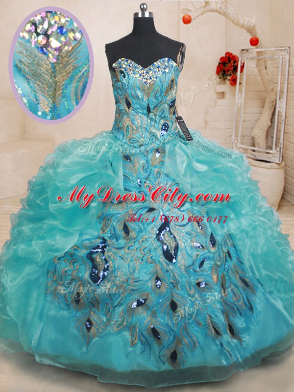 Top Selling Teal Sleeveless Beading and Embroidery and Ruffles Floor Length Quinceanera Gown