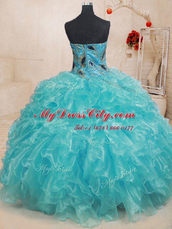 Top Selling Teal Sleeveless Beading and Embroidery and Ruffles Floor Length Quinceanera Gown