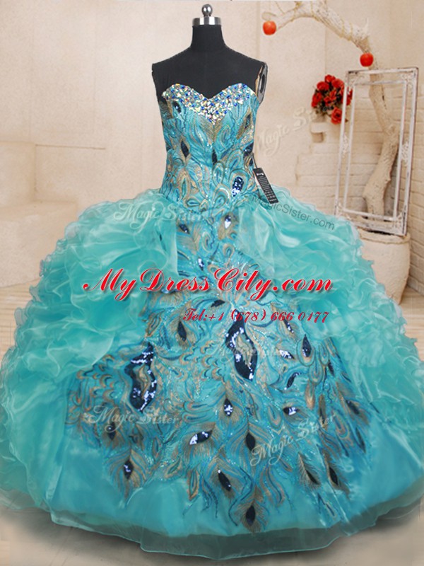 Top Selling Teal Sleeveless Beading and Embroidery and Ruffles Floor Length Quinceanera Gown