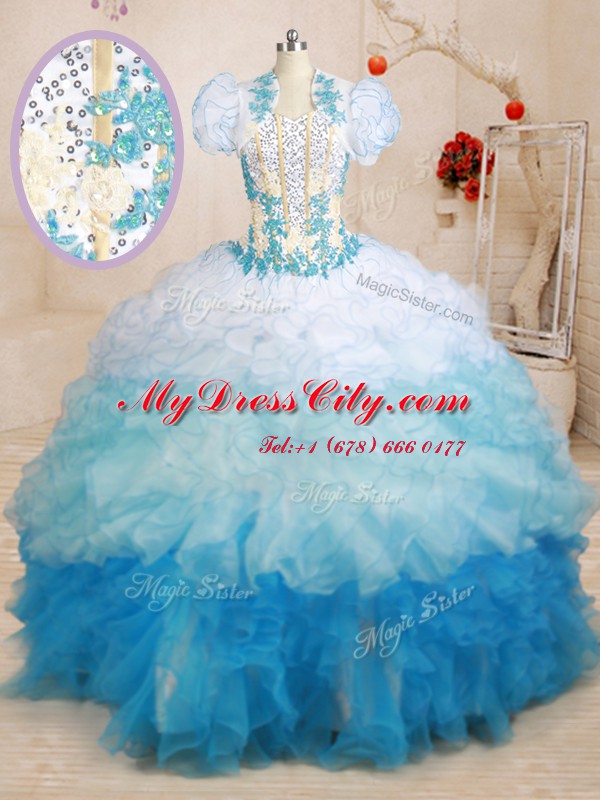 Classical Multi-color Sleeveless Brush Train Beading and Appliques and Ruffles With Train Ball Gown Prom Dress