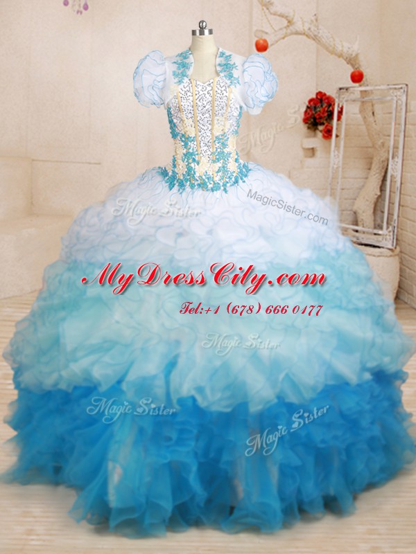 Classical Multi-color Sleeveless Brush Train Beading and Appliques and Ruffles With Train Ball Gown Prom Dress