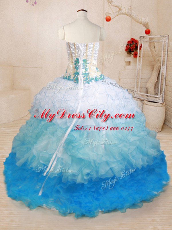 Classical Multi-color Sleeveless Brush Train Beading and Appliques and Ruffles With Train Ball Gown Prom Dress