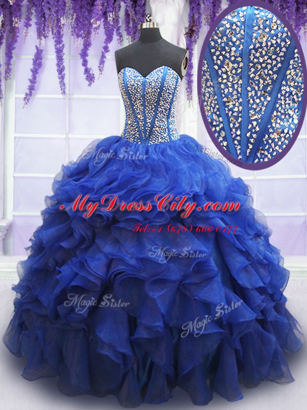 Edgy Royal Blue Lace Up Quinceanera Gown Beading and Ruffles Sleeveless Floor Length