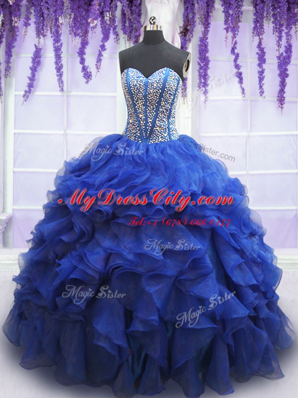 Edgy Royal Blue Lace Up Quinceanera Gown Beading and Ruffles Sleeveless Floor Length