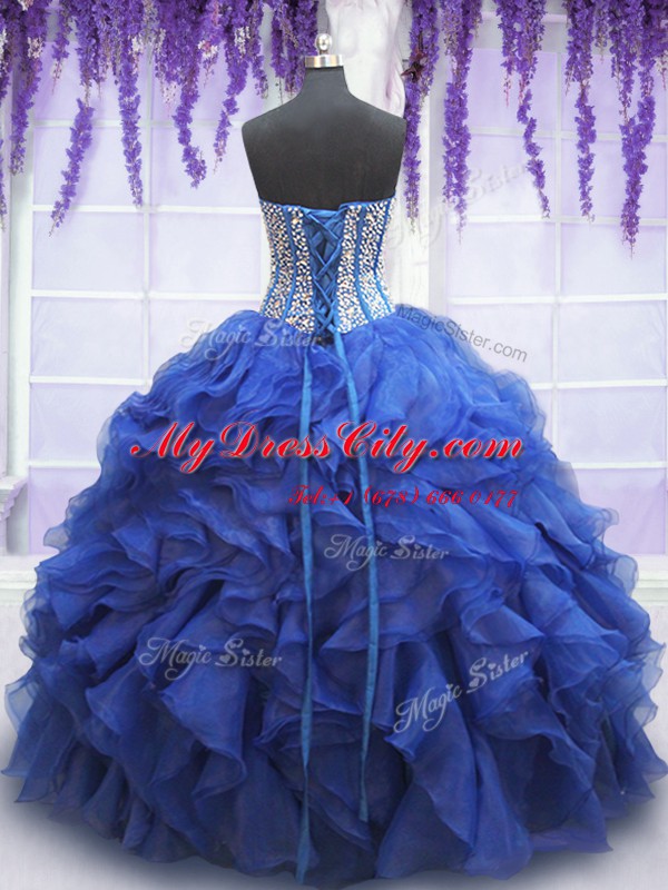 Edgy Royal Blue Lace Up Quinceanera Gown Beading and Ruffles Sleeveless Floor Length