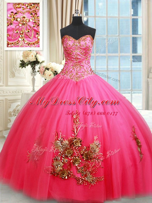 High Class Tulle Sweetheart Sleeveless Lace Up Beading and Appliques Quinceanera Dress in Hot Pink