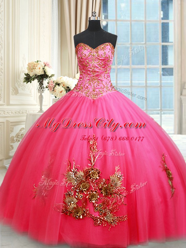 High Class Tulle Sweetheart Sleeveless Lace Up Beading and Appliques Quinceanera Dress in Hot Pink