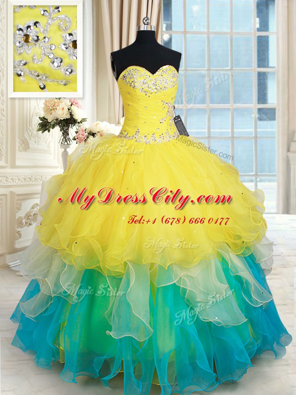 Artistic Multi-color Ball Gowns Sweetheart Sleeveless Organza Floor Length Lace Up Beading and Ruffles Quince Ball Gowns