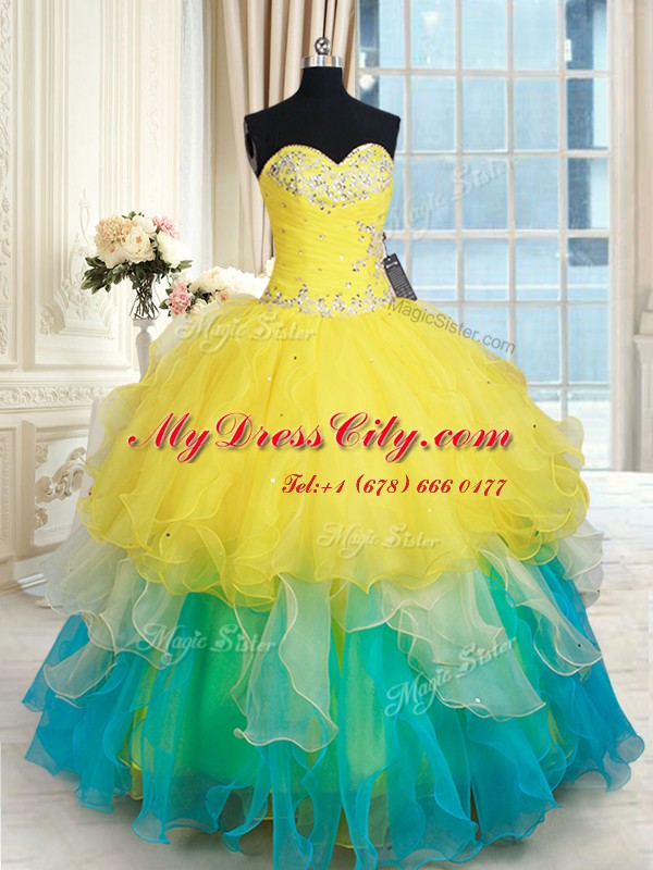 Artistic Multi-color Ball Gowns Sweetheart Sleeveless Organza Floor Length Lace Up Beading and Ruffles Quince Ball Gowns