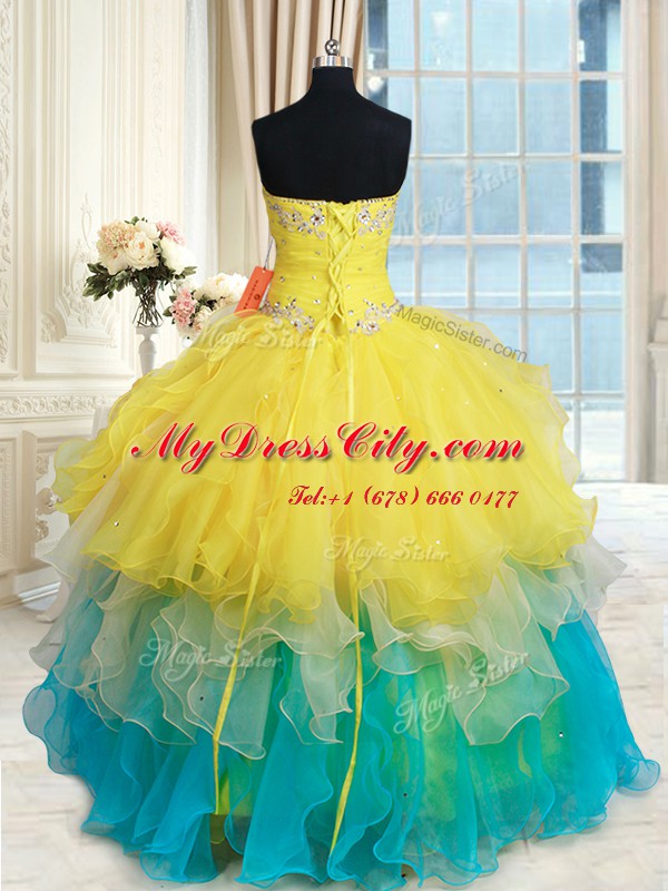 Artistic Multi-color Ball Gowns Sweetheart Sleeveless Organza Floor Length Lace Up Beading and Ruffles Quince Ball Gowns