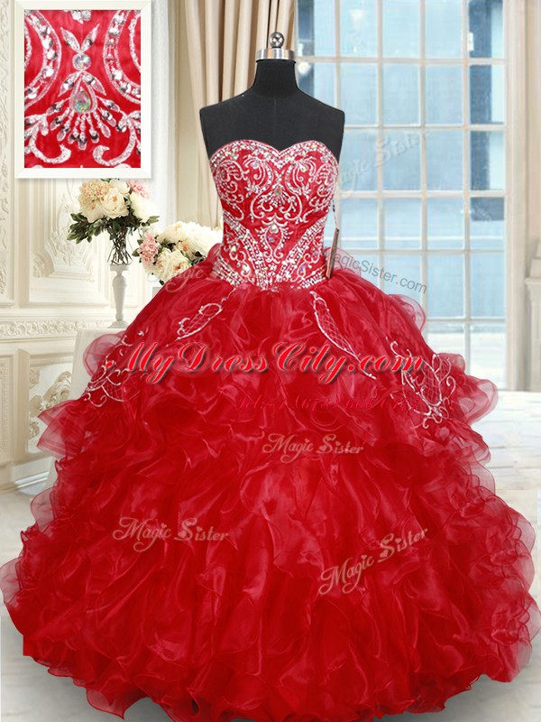 Red Sweetheart Lace Up Beading and Embroidery and Ruffled Layers 15th Birthday Dress Brush Train Sleeveless