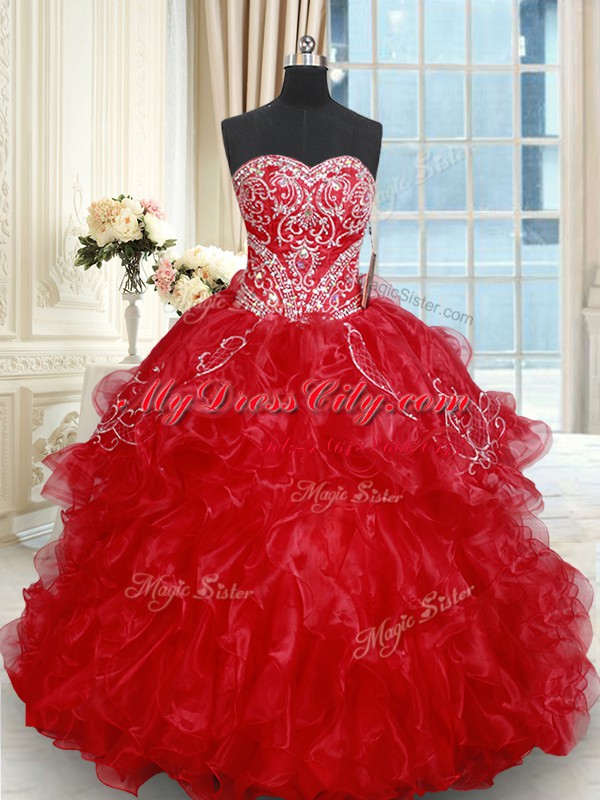 Red Sweetheart Lace Up Beading and Embroidery and Ruffled Layers 15th Birthday Dress Brush Train Sleeveless