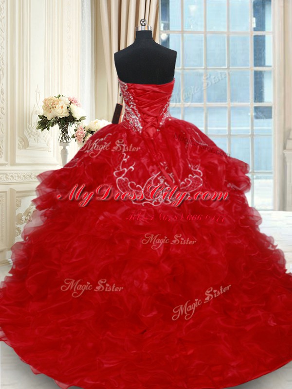 Red Sweetheart Lace Up Beading and Embroidery and Ruffled Layers 15th Birthday Dress Brush Train Sleeveless