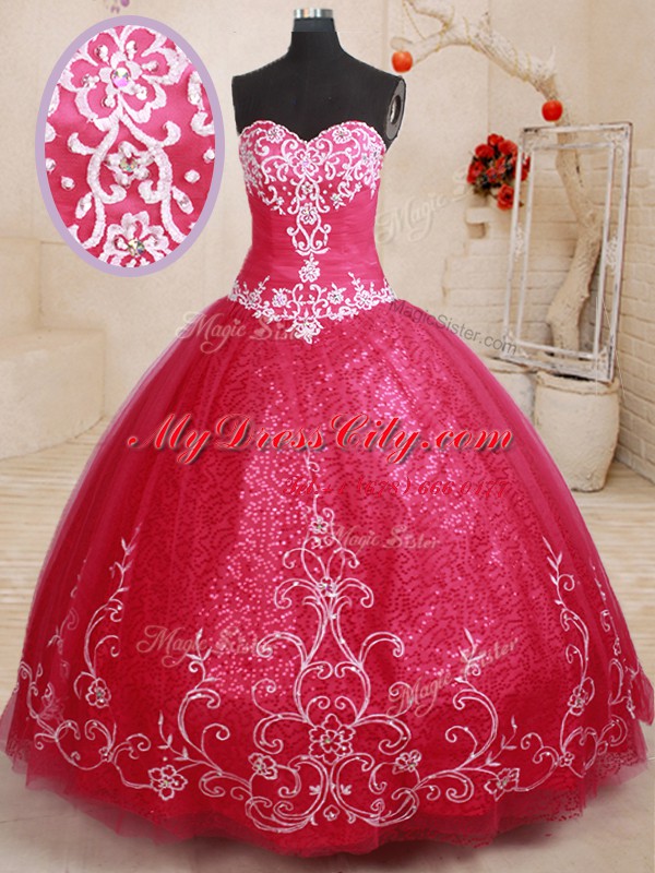 Coral Red Lace Up Sweetheart Beading and Appliques and Embroidery Sweet 16 Dress Tulle Sleeveless