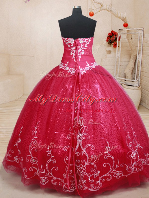 Coral Red Lace Up Sweetheart Beading and Appliques and Embroidery Sweet 16 Dress Tulle Sleeveless