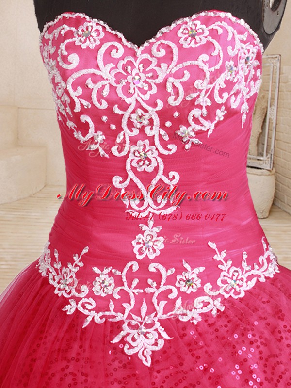 Coral Red Lace Up Sweetheart Beading and Appliques and Embroidery Sweet 16 Dress Tulle Sleeveless