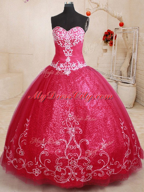 Coral Red Lace Up Sweetheart Beading and Appliques and Embroidery Sweet 16 Dress Tulle Sleeveless