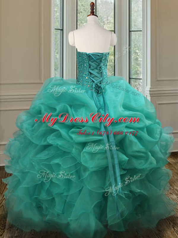 Turquoise Ball Gowns Organza Sweetheart Sleeveless Beading and Ruffles and Pick Ups Floor Length Lace Up Quinceanera Dresses