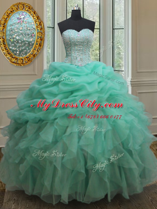 Unique Apple Green Organza Lace Up Sweetheart Sleeveless Floor Length Sweet 16 Dresses Beading and Ruffles and Pick Ups