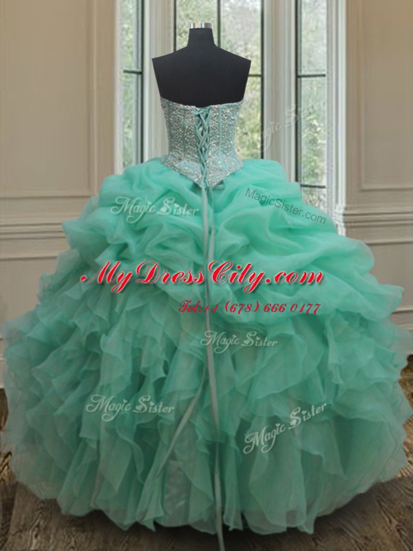 Unique Apple Green Organza Lace Up Sweetheart Sleeveless Floor Length Sweet 16 Dresses Beading and Ruffles and Pick Ups