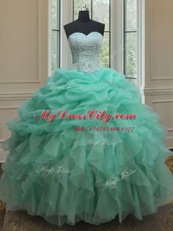 Unique Apple Green Organza Lace Up Sweetheart Sleeveless Floor Length Sweet 16 Dresses Beading and Ruffles and Pick Ups