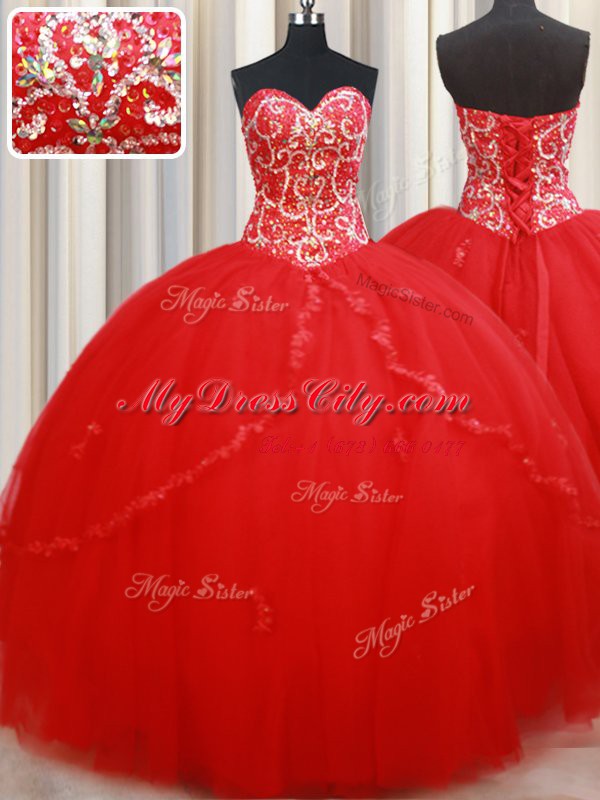 Hot Selling Red Sweetheart Neckline Beading and Appliques 15 Quinceanera Dress Sleeveless Lace Up