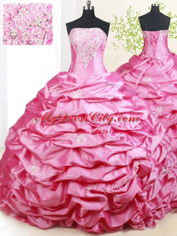 Beading and Pick Ups 15th Birthday Dress Hot Pink Lace Up Sleeveless With Brush Train