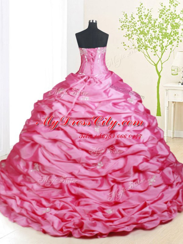 Beading and Pick Ups 15th Birthday Dress Hot Pink Lace Up Sleeveless With Brush Train