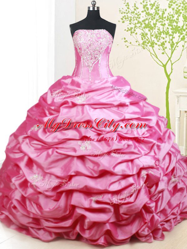 Beading and Pick Ups 15th Birthday Dress Hot Pink Lace Up Sleeveless With Brush Train